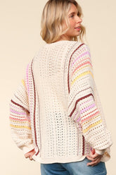 Haptics Women's Full Size Striped Crochet Open Front Cardigan - Boho Chic Layering Apparel